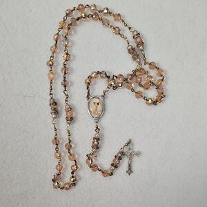 Rosary Necklace with Pink/Champagne Crystal Beads
